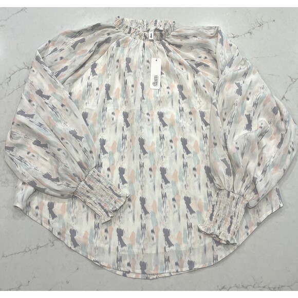 GLAM Tops - Boutique NEW Large Cream Pastel Balloon Long Slv Blouse Top Ruched Sheer Lined